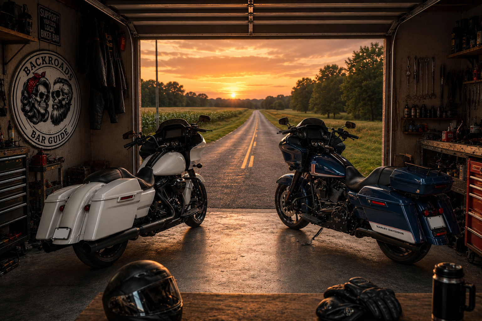 Our motorcycles parked inside an open garage with the backroad beyond